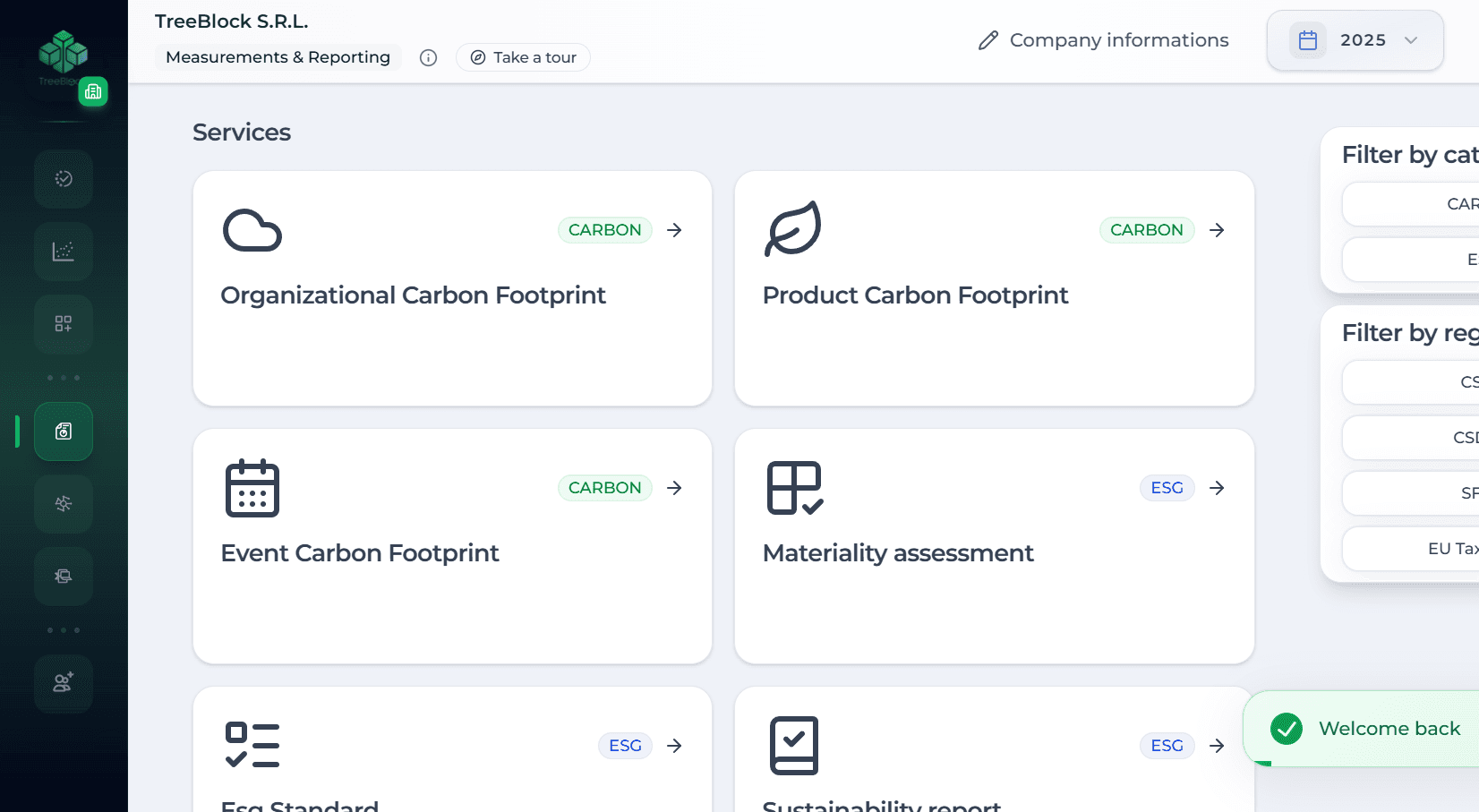 TreeBlock One — interfaccia Measurements & Reporting